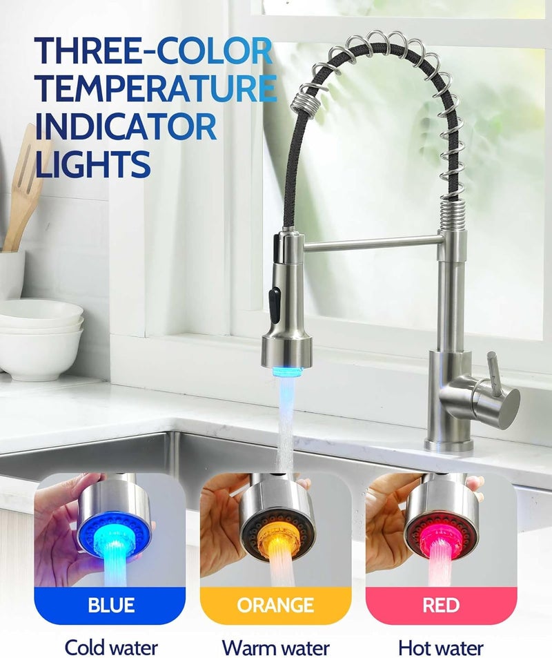 LUFEIDRA Kitchen Faucet with Sprayer LED Light, High Arc Kitchen Faucets Single Hole 304 Stainless Steel Kitchen Sink Faucet Faucet for Bar Sink Rv, Brushed Nickel - Image 3